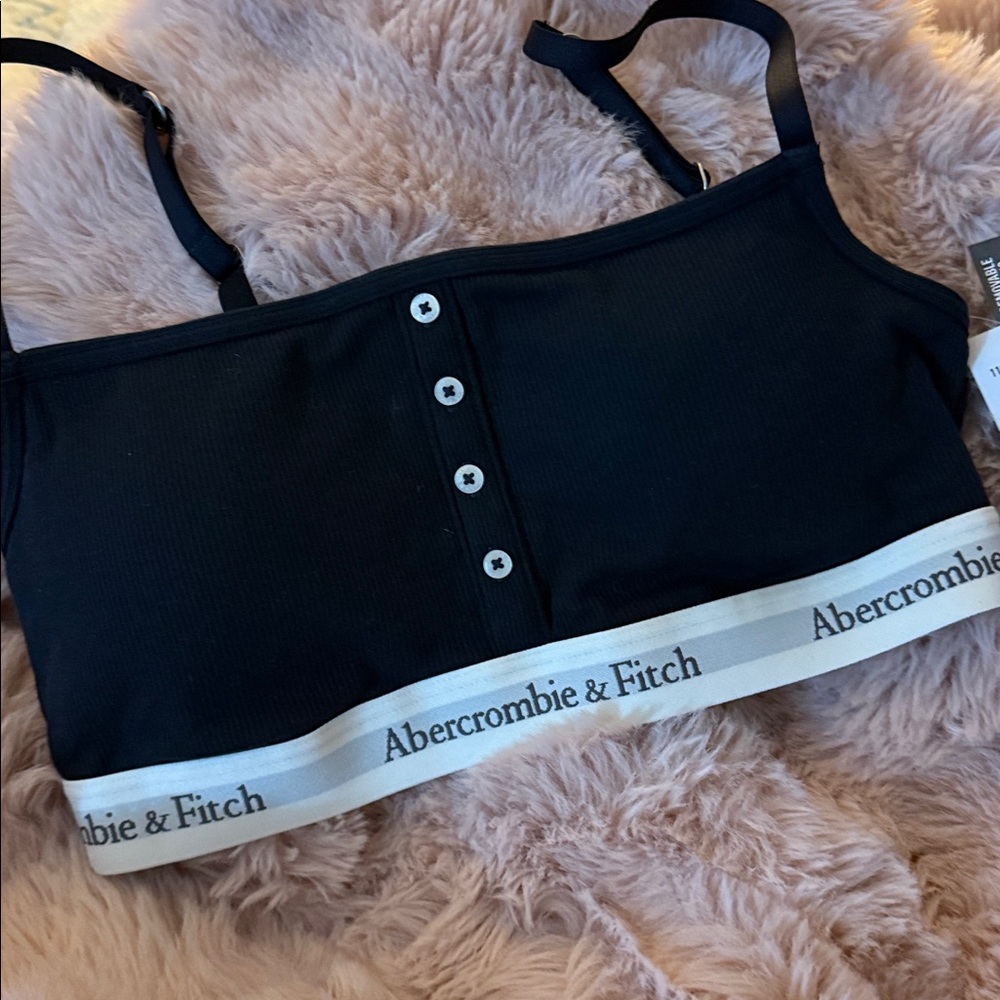 Abercrombie & Fitch Black Ribbed Logo Band Bralette with White Trim